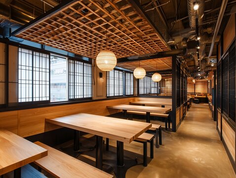 和風モダンな内装が美しい飲食店で障子窓から光が差し込む清潔感のある店内の無人写真