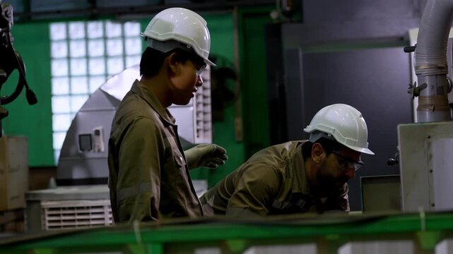 Engineer factory worker hard hat safety machinery inspection industrial helmet maintenance team checking equipment in manufacturing plant workshop with protective gear focused teamwork