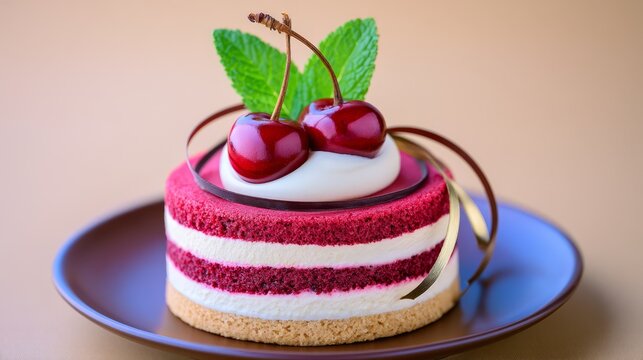 Elegant layered cherry cake with red velvet sponge, vanilla cream, fresh cherries, mint leaves, and delicate chocolate curls, beautifully plated as a gourmet 