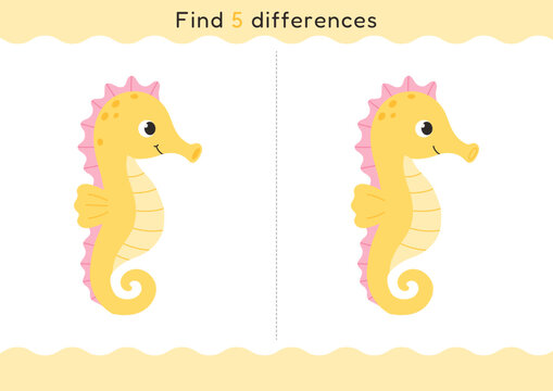 Cute seahorse find five differences game for kids. Educational ocean worksheet with two cartoon pictures on white background, designed for preschool attention, logic and visual perception