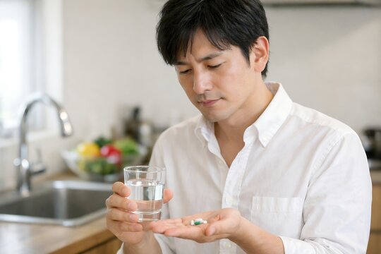 台所で手に持った薬とコップ一杯の水を真剣な表情で見つめる白いシャツを着た若い男性