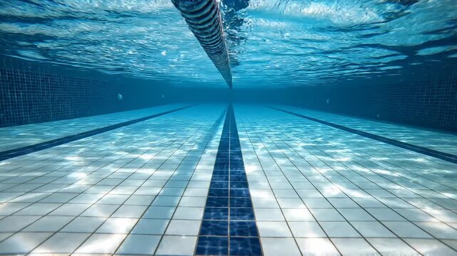 Underwater swimming pool perspective with rippling light patterns and tiled floor during daytime