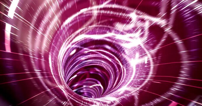 Digital cyber technology data stream tunnel animation with fast camera motion and glowing particles. 4K 3D Animation.