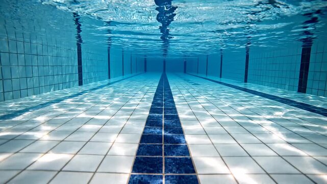 Underwater swimming pool perspective with rippling light patterns and blue tiled walls during daytime