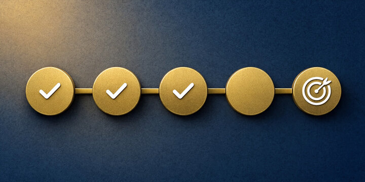 Golden progress tracker with checkmarks and target symbol showing task completion stages