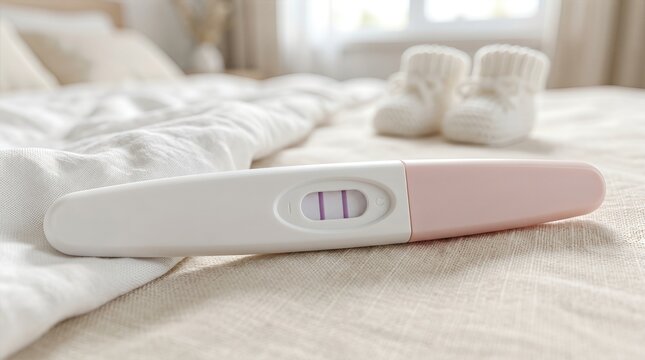 Pregnancy test on a light-colored bedspread with knitted baby booties in the background, symbolizing hope and anticipation for new parents