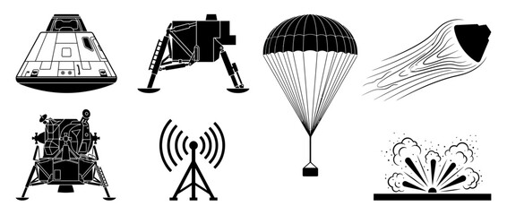 Spacecraft and Landing Module Icons with Parachute © nanik