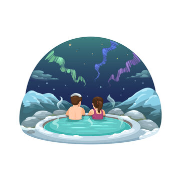 Couple Relaxing in Warm Thermal Pool with Snowy Mountains and Northern Lights Vector Illustration