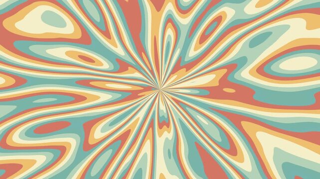 Retro, colorful rotating flower tunnel, groovy, hippie, flat pattern, abstract, cartoon looping background in seventies style.