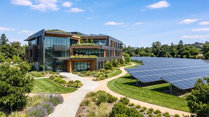Naklejka premium Modern eco-friendly office building with solar panel array in a green landscape.