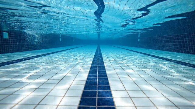 Underwater swimming pool with rippling light patterns and tiled floor during daylight