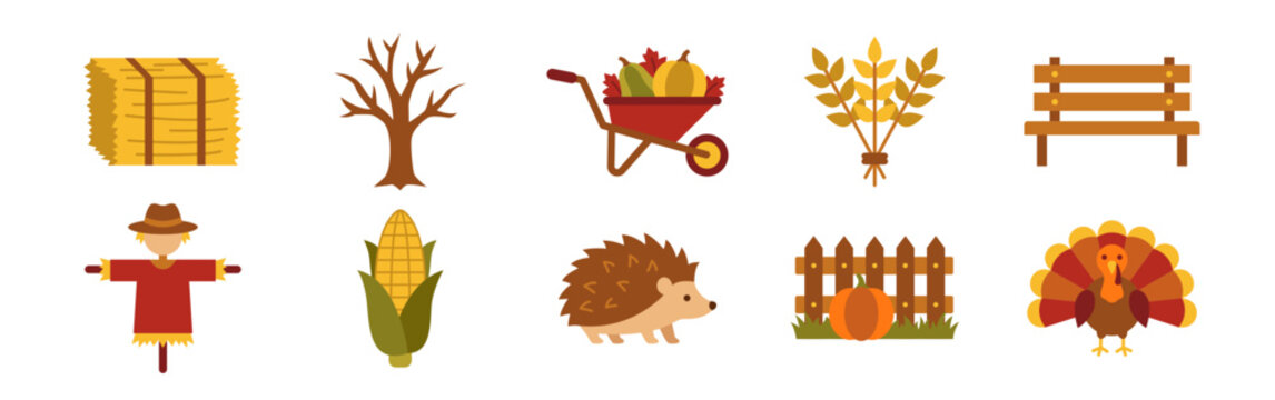Collection of cute autumn themed icons featuring seasonal harvest elements and woodland animals.
