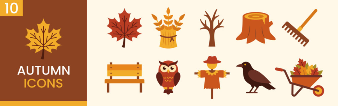 A collection of ten colorful autumn themed icons featuring seasonal elements and nature.