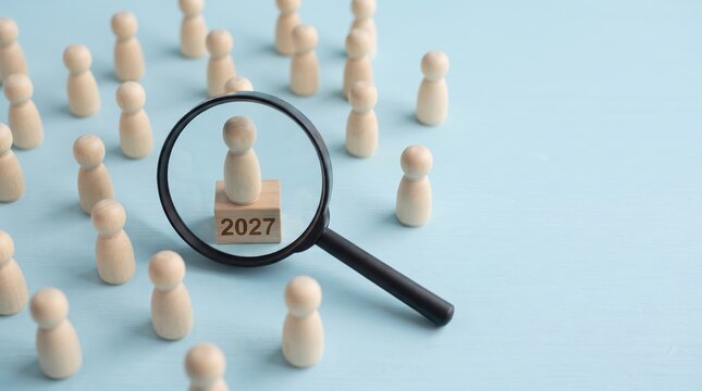magnifying glass focusing on selected wooden candidate marked 2027 among a crowd of figures on light blue background