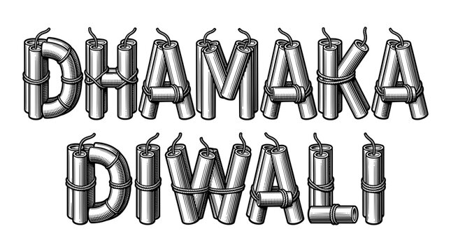 Dhamaka Diwali typography made of dynamite sticks, woodcut style illustration isolated on white