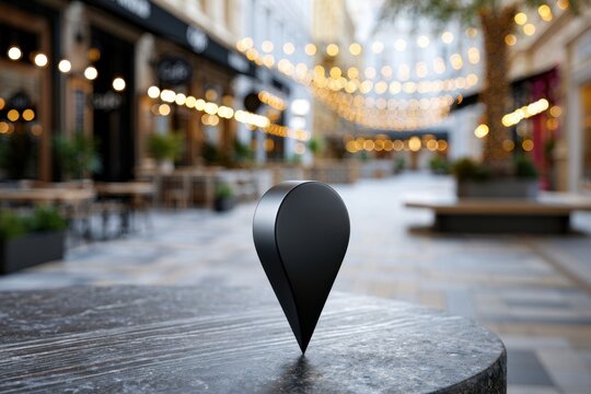 Black 3d map location pin sculpture on a textured stone table in a charming outdoor urban plaza decorated with string lights and blurred background details