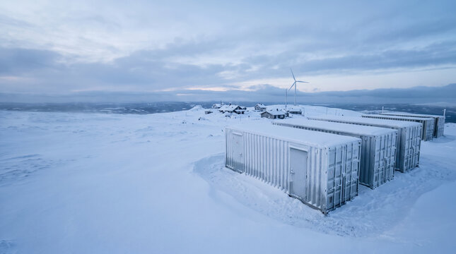 Snow covered storage containers in cold landscape with wind turbines and distant buildings under cloudy sky