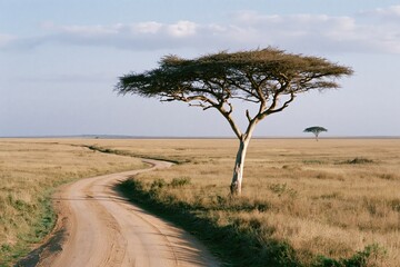 Obraz premium The Acacia Tree on a Winding Savanna Road Under a Wide Sky