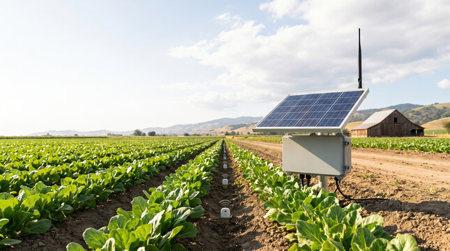 Solar powered smart irrigation hub in green vegetable farm with clear sky and barn in background