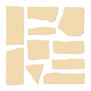 Set of torn paper pieces with rough ripped edges and realistic paper texture. Blank adhesive strips and note fragments. Perfect for scrapbook, collage, mockup, stationery and vintage design