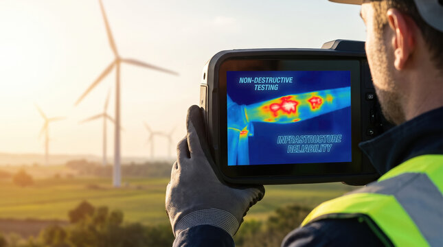 Thermal camera inspecting wind turbine blade for non destructive testing and infrastructure reliability in outdoor field