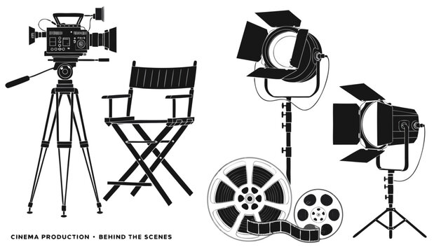 Very beautiful black and white realistic vector illustration of a professional cinema camera, director chair, studio lights and film reels, CINEMA PRODUCTION &bull; BEHIND THE SCENES, detailed linework, no