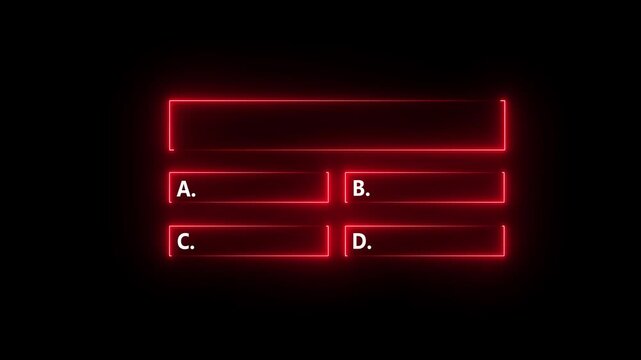 Neon multiple choice quiz animation with glowing questionnaire interface on black background.