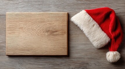 Fototapeta premium Santa hat and wood plank on wooden background, Christmas background