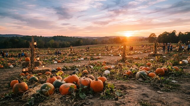 Pumpkin patch at sunset with lanterns and people in the distance