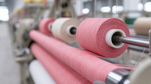 Vibrant pink yarn spool spinning on textile weaving machine inside an industrial factory, evoking sense of mechanical wonder and precision