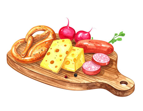 Bayerische Brotzeit mit Brezel, K&auml;se, Salami und Radieschen, freigestelltes Aquarell-PNG