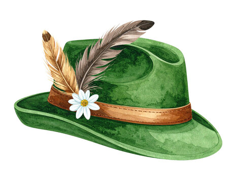 Gr&uuml;ner bayerischer Trachtenhut mit Federn und Bl&uuml;te, freigestelltes Aquarell-PNG