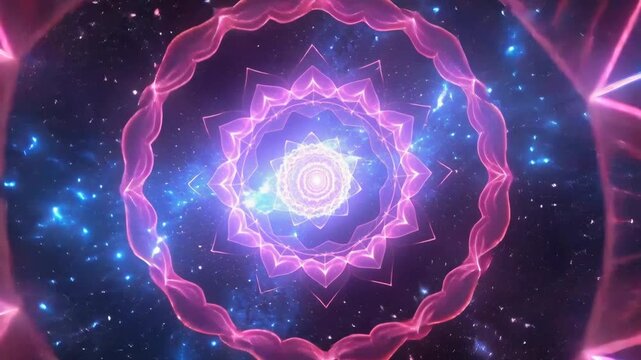 Cosmic light forming a spiritual mandala pattern radiating sacred geometry and universal harmony calming meditation atmosphere.