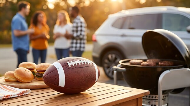 American football on a table at a backyard barbecue with burgers on grill and people in background.