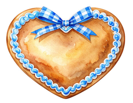 Unbeschriftetes Oktoberfest-Lebkuchenherz mit blau-wei&szlig;er Glasur, freigestelltes Aquarell-PNG