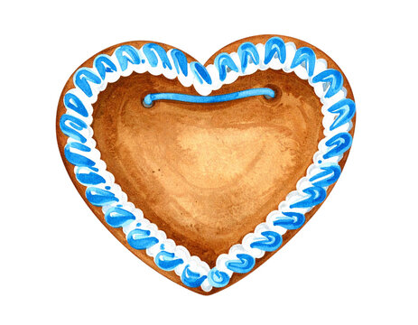 Unbeschriftetes bayerisches Lebkuchenherz mit blau-wei&szlig;er Zuckerglasur, freigestelltes Aquarell-PNG