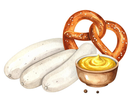 Bayerische Wei&szlig;w&uuml;rste mit Brezel und s&uuml;&szlig;em Senf, freigestelltes Aquarell-PNG