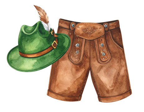 Braune Lederhose mit gr&uuml;nem Trachtenhut zum Oktoberfest, freigestelltes Aquarell-PNG