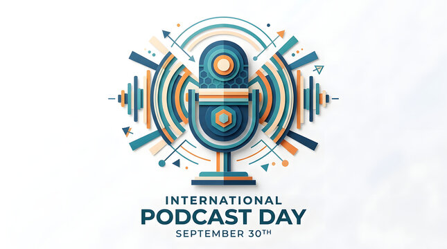 Modern flat vector design for international podcast day with microphone and abstract colorful sound