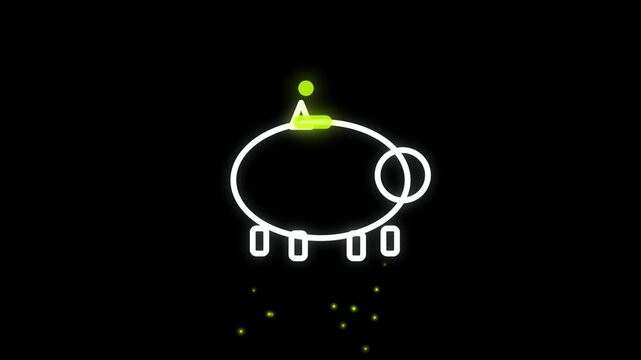 Minimalist neon outline of a person riding a pig against a black background.