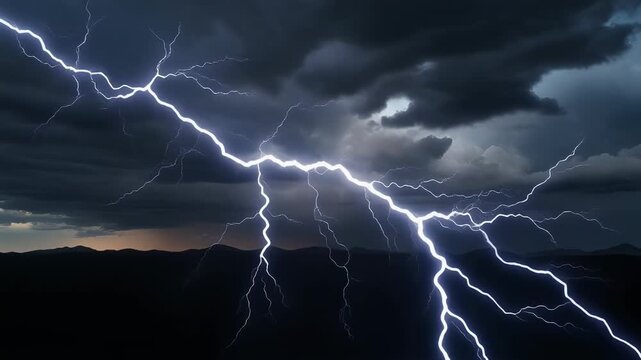 Realistic thunderstorm animation &mdash; bright lightning strikes dancing across turbulent night c