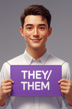 Non-binary person holds poster with new pronouns They Them, reflect gender identity AI Generative