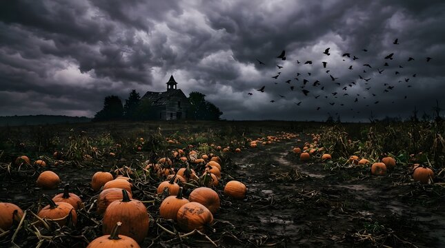 Spooky abandoned farmhouse in a dark pumpkin patch