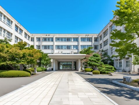 青空の下に建つ清潔感のある白い校舎と手入れされた庭園が美しい学校の正門付近の風景