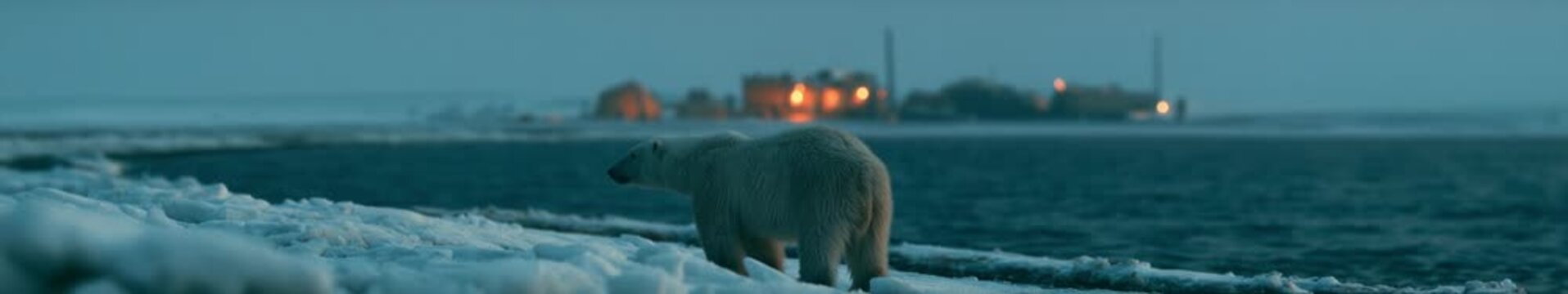 Polar Bear Walking on Sea Ice at Dusk with Distant Lights in a Panoramic Seamless Loop Animation