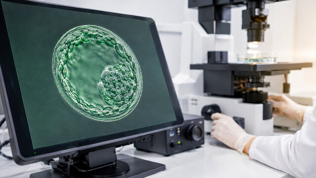 Embryologist examines IVF blastocyst on monitor with microscope in fertility laboratory for reproductive medicine study.