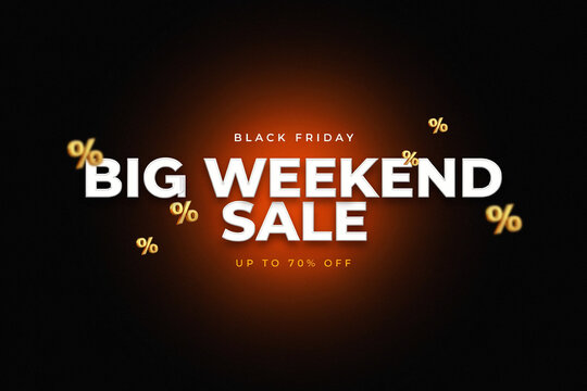Black Friday Big Weekend Sale promotional graphic advertisement featuring large bold white text and scattered golden percentage symbols indicating a generous up to seventy percent off discount offer
