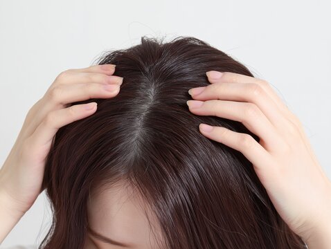 自分の頭頂部や分け目を両手で触りながら鏡で髪の状態を確認する茶髪の若い女性の頭部
