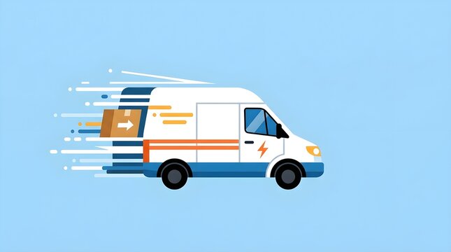 Modern flat vector illustration of a delivery van transporting a cardboard package with dynamic speed lines. Ideal for express shipping, fast delivery, courier services, e-commerce fulfillment, and lo