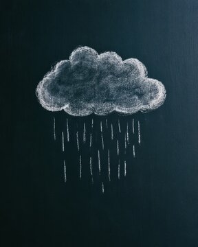 Chalk drawing of a cloud with rain lines on a blackboard in a creative space. The artwork adds a rustic touch to the environment.